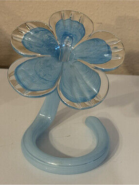 Blue/Clear Art Glass Flower Sculpture, 3D Effect Swirl Pattern Aprox10 in x 7 in
